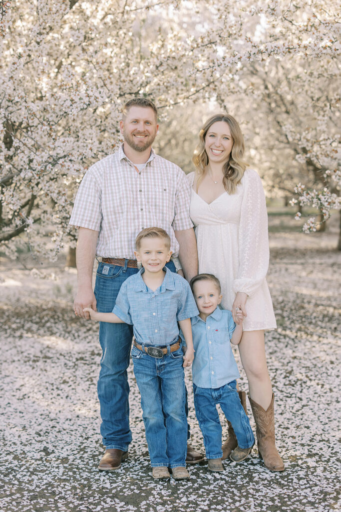 A smiling family of four poses in an almond orchard during peak bloom, with soft golden-hour light filtering through the blossoms. Captured by Sacramento family photographer Nicole Hodgson.