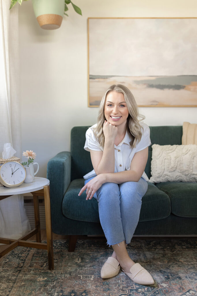 a woman sitting on a couch