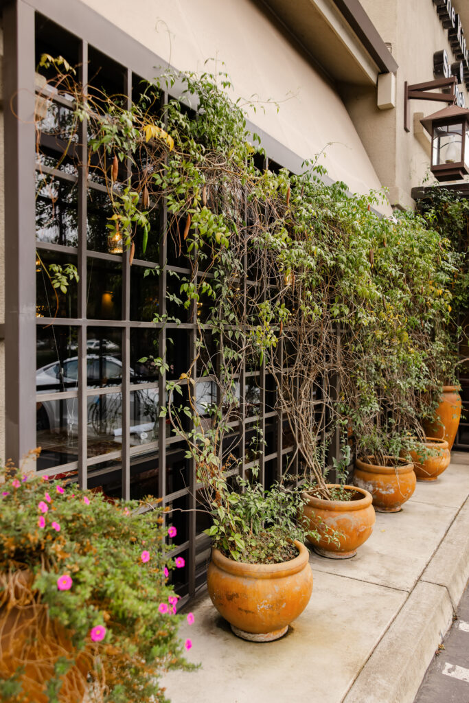 Exterior view of The Kitchen at StoneBrier restaurant with warm lighting at dusk